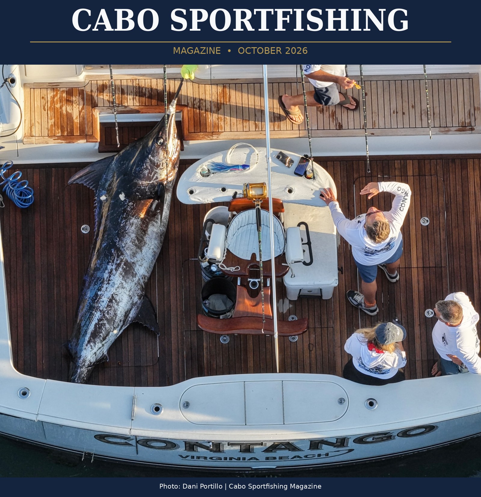 Magazine cover showing Contango’s 491-pound blue marlin aboard the boat on October 21, 2026. Photo: Dani Portillo. This is not SIMRAD’s lost fish.