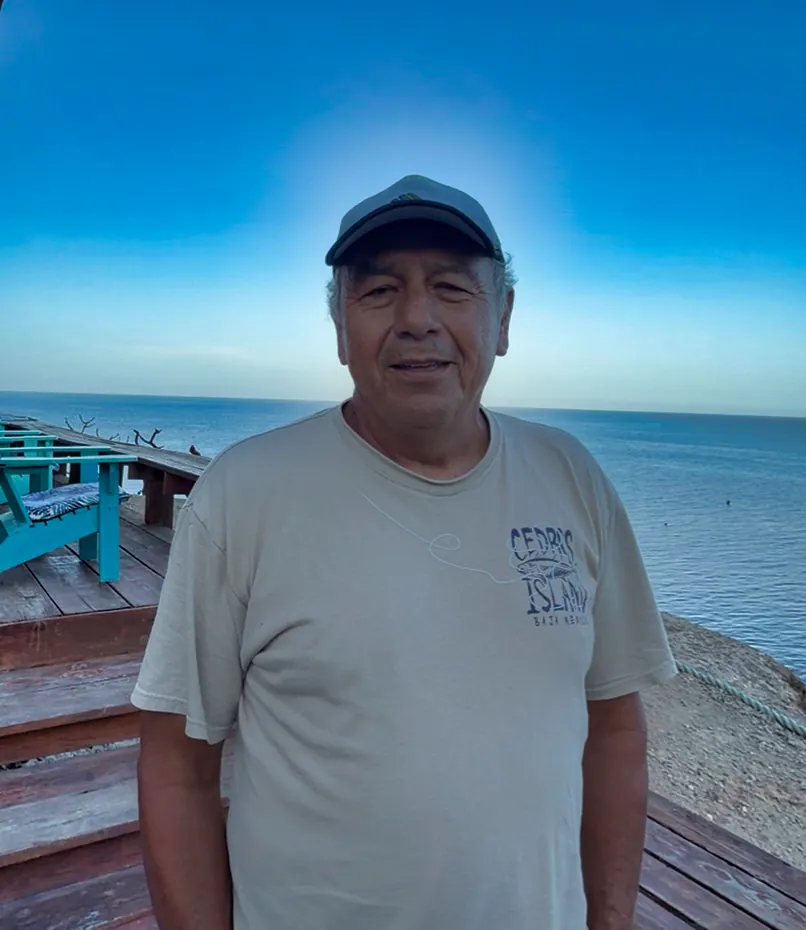 José Ángel Sánchez, founder of Cedros Outdoor Adventures, on the deck at Isla Cedros.