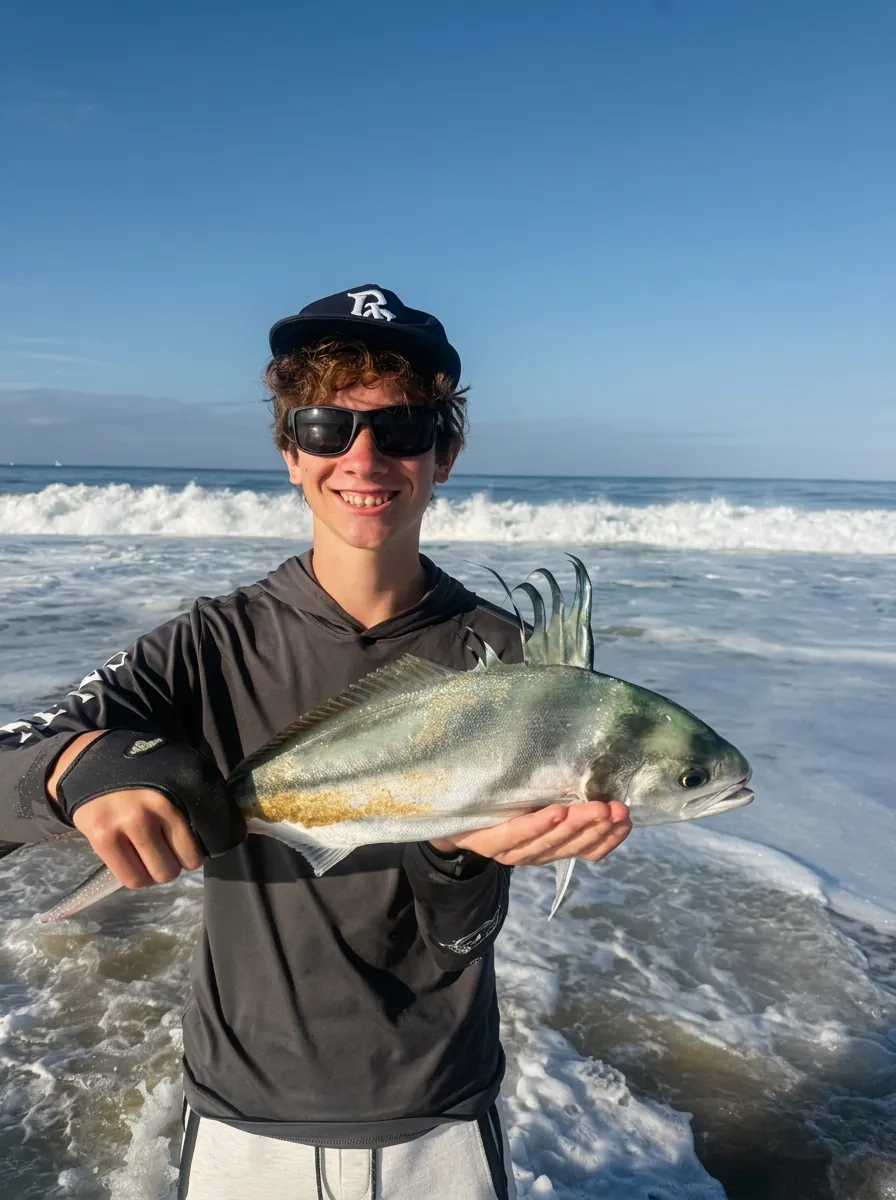 A young angler holding a roosterfish beside the surf on a Tag Cabo Sportfishing outing.