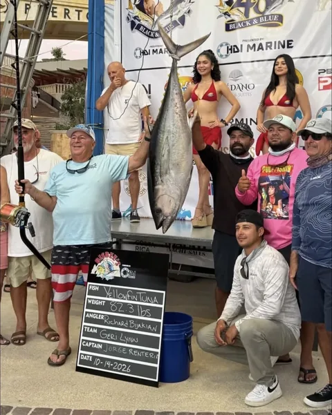 El atún aleta amarilla de Team Gary Lynn en el pesaje de Bisbee’s del 14 de octubre de 2026, con un tablero que registra 82.3 libras