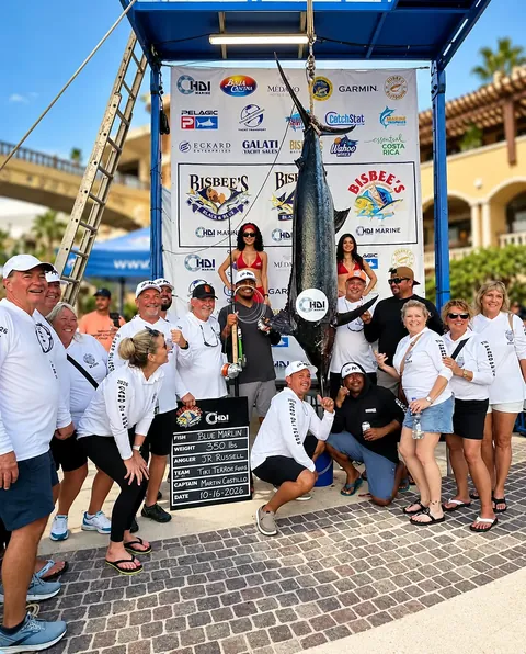 Team Tiki Perro Pescador with its 350-pound blue marlin at the Bisbee's Los Cabos Offshore weigh station, October 16, 2026