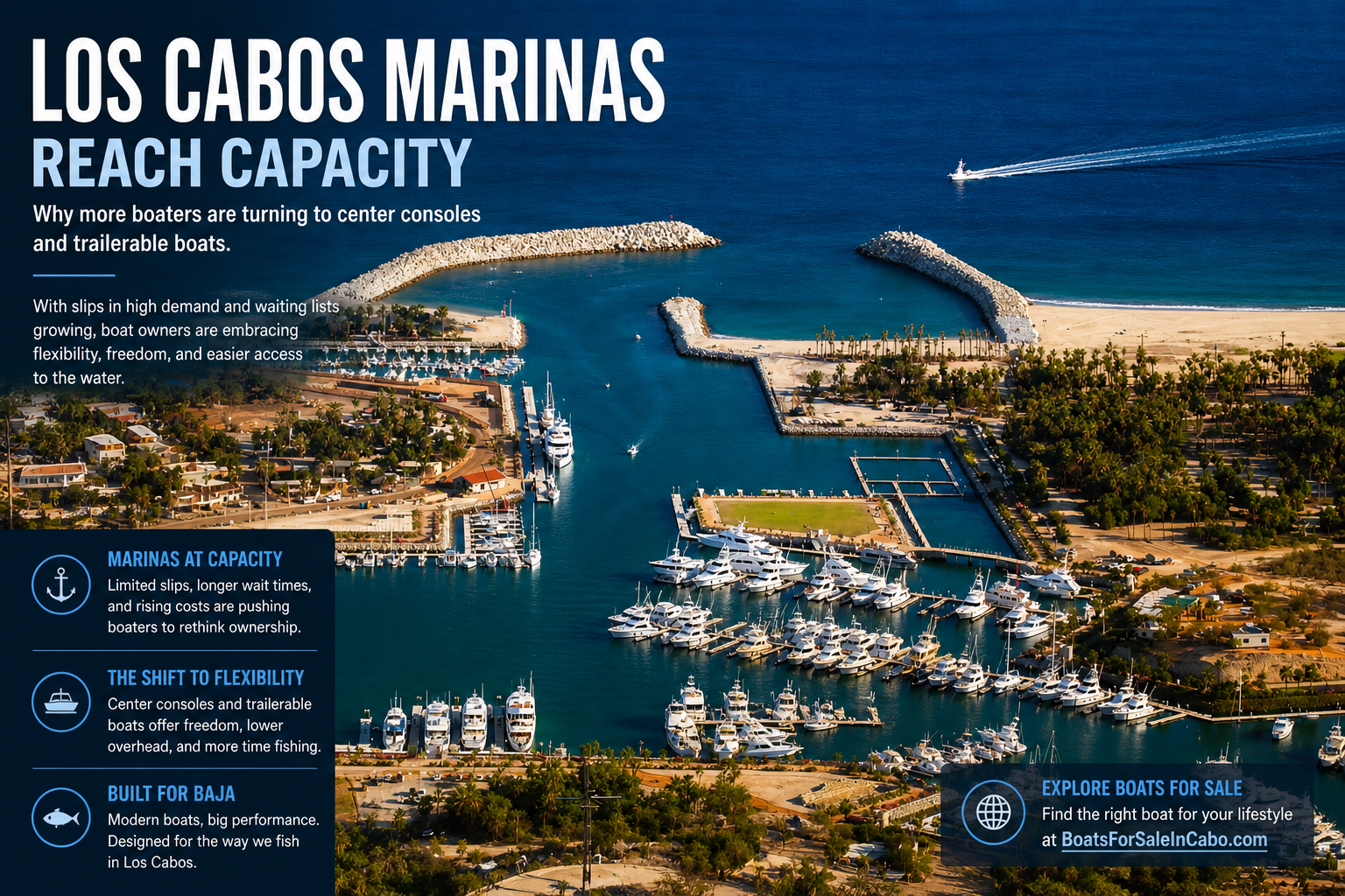 Los Cabos marinas are reaching capacity, driving demand for center console and trailerable boats as anglers seek flexible alternatives